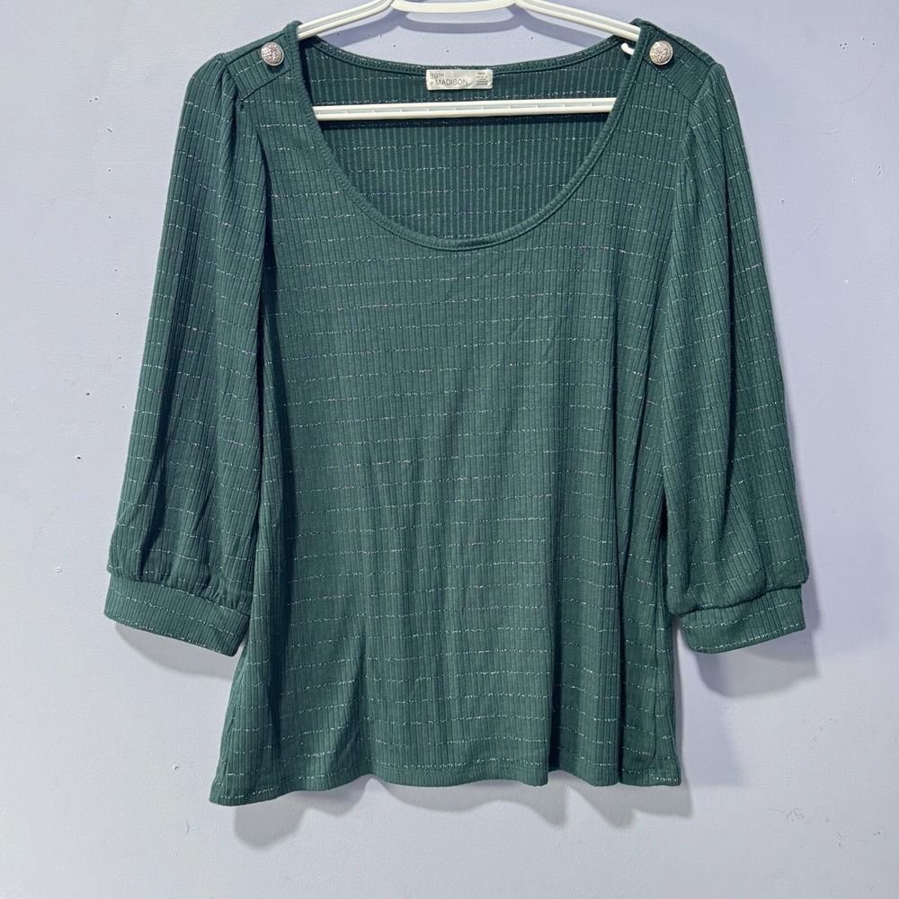 89th + Madison Womens Green Ribbed Lurex Shimmer 3/4 Puff Sleeve Top Size‎ M